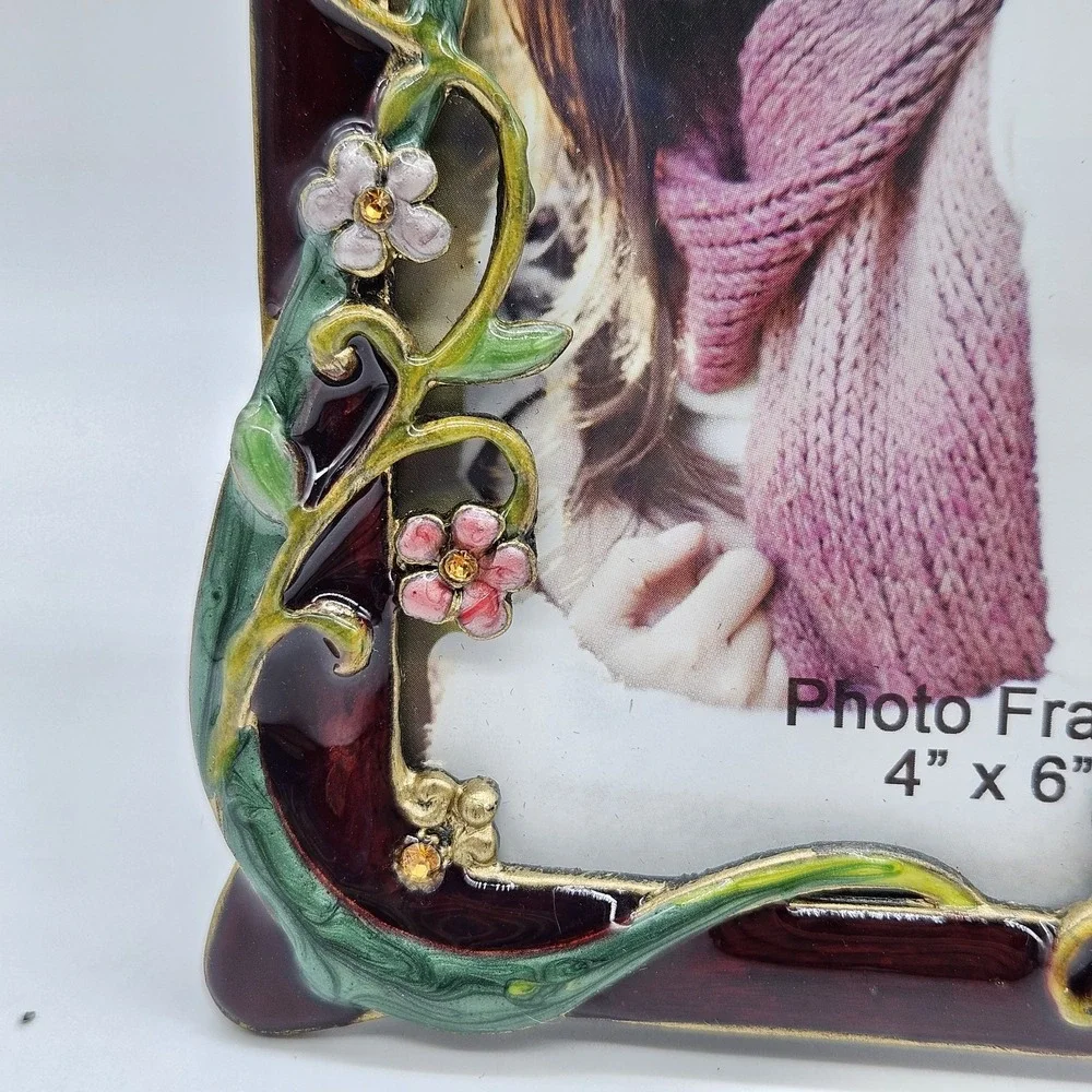Jeweled Picture Frame Purple 3D Dragonfly Flower Floral Gemstone Enamel 4x6